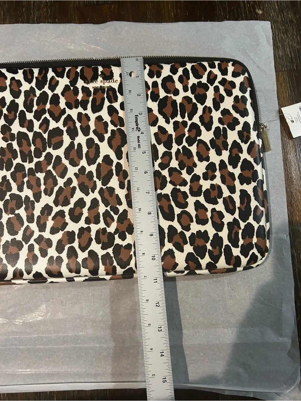 NWT kate spade leather leopard print ivory laptop case/bag with gold zip closure